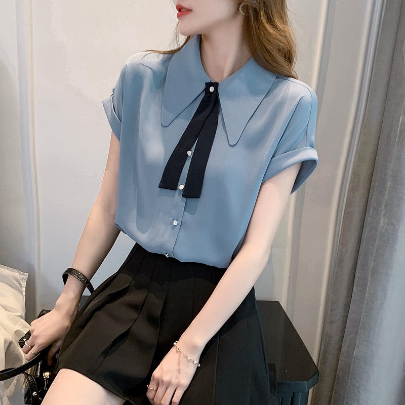 High end chiffon shirt women's summer short sleeve 2021 new tie design sense commuting temperament Fashion Top