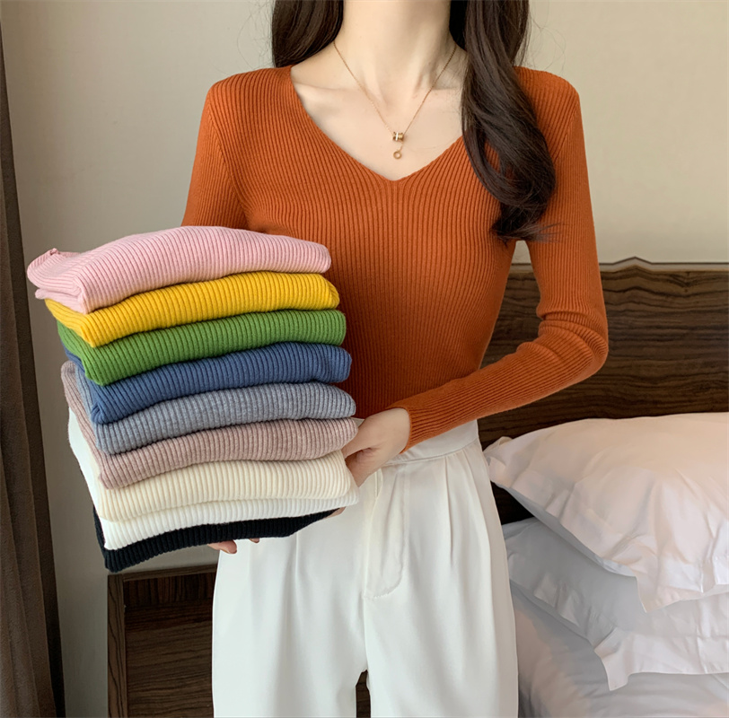 Real shot autumn new Korean version of the V-neck slim all-match short solid color long-sleeved pullover bottoming knitted sweater women's