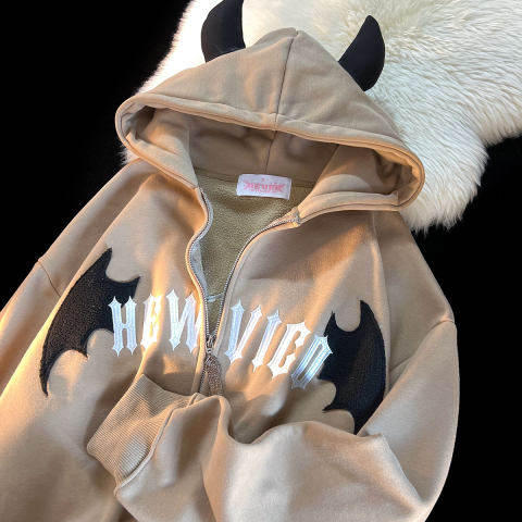Huamian composite plus velvet national tide little devil corner hooded sweater autumn and winter niche American street couple zipper jacket