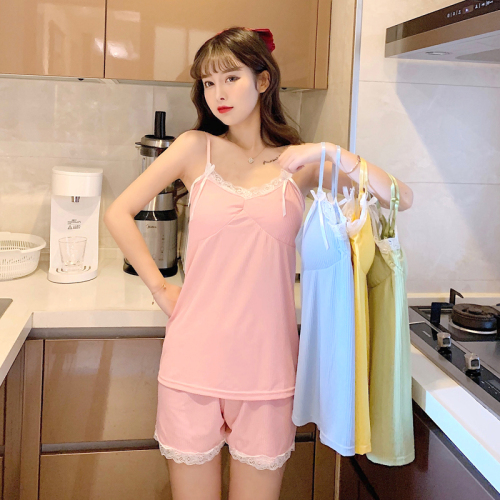 Real pajamas in summer with breast pad solid color thread simple sexy lace side sling home suit
