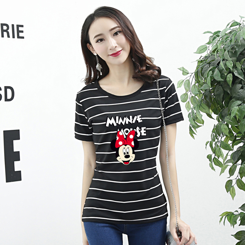 Actual photo of new black and white short sleeve stripe T-shirt in summer 2020 women's Korean versatile T-Shirt Top
