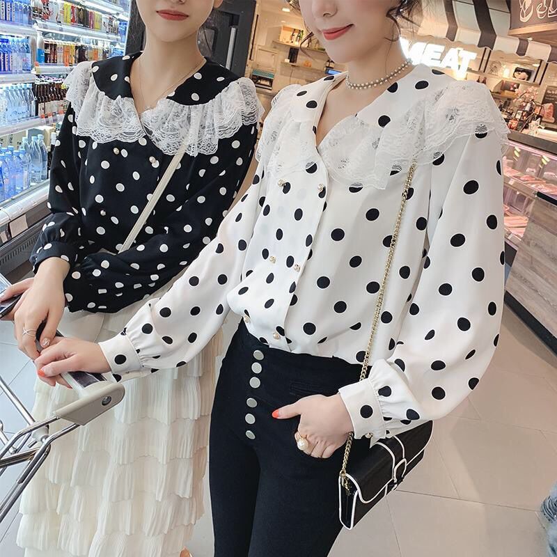 Versatile double-layer collar irregular shirt autumn 2020 new Korean women's wear wave point age reduction long sleeve top fashion