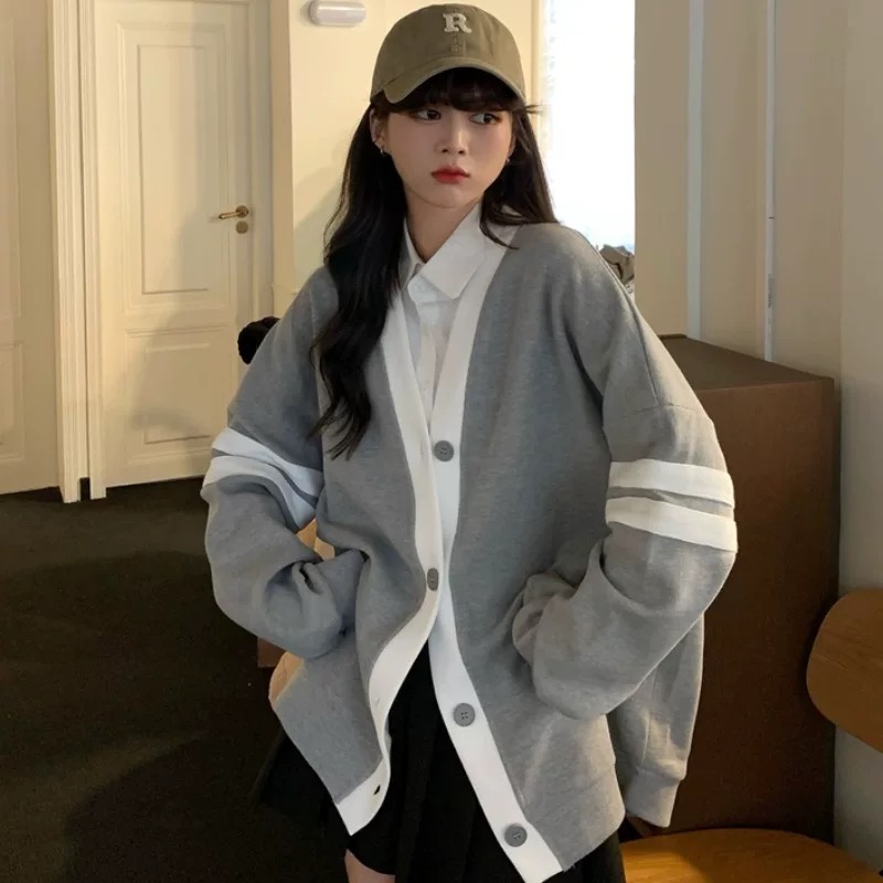 Korean style contrast color stitching cardigan single-breasted loose lazy style college style long-sleeved sweater women's top coat autumn