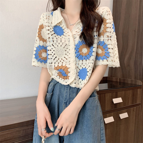 Knitted cardigan women's summer thin cut off front shoulder short sleeve T-shirt, niche polo shirt, waist short top