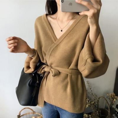 Korean spring and autumn loose lazy fan solid color simple neck waist knit cardigan coat sweater belt women