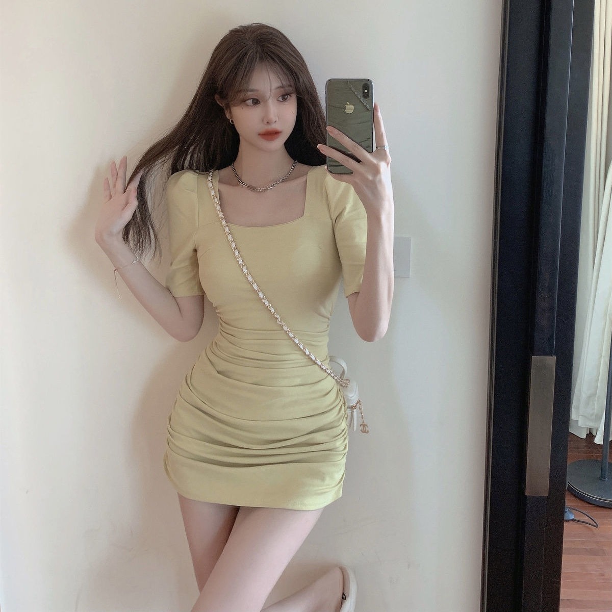 Bubble sleeve tight dress 2022 new style pure style square neck pleated waist thin wrap hip short skirt hot girl