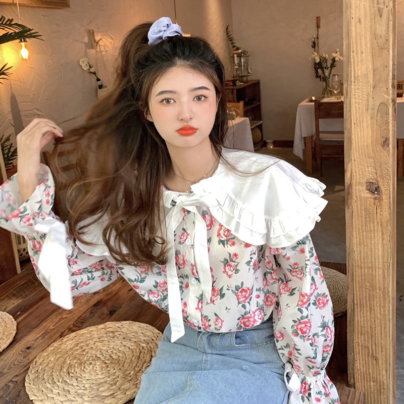 Four-sided bomb printing sweet and fresh floral shirt women's spring 2023 new doll collar strap long-sleeved top