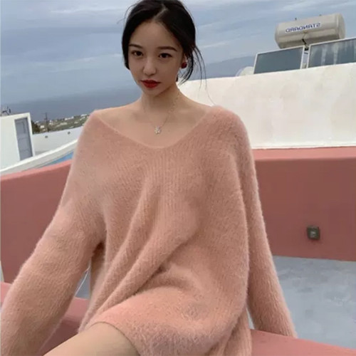Pink super fairy mink V-Neck Sweater for women's middle school