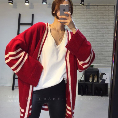 Spring and winter 2020 Korean fashion loose casual stripe color matching sweater coat