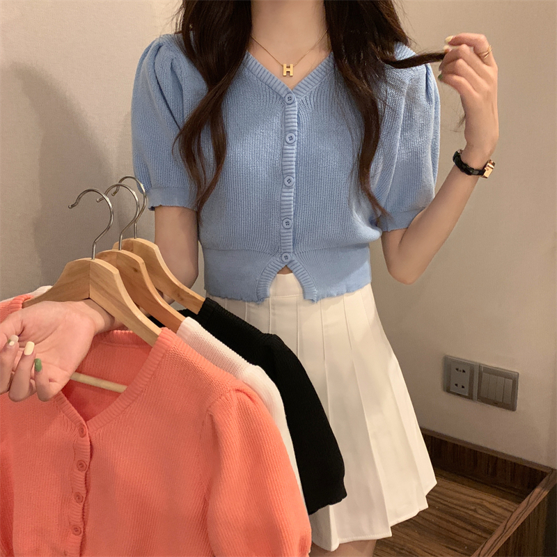 Real shot real price summer new Korean version was thin V-neck puff sleeve short knitted cardigan short-sleeved top women