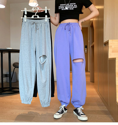 Large size perforated pants women's spring and Autumn New Korean student High Waist Wide Leg sports leisure pants