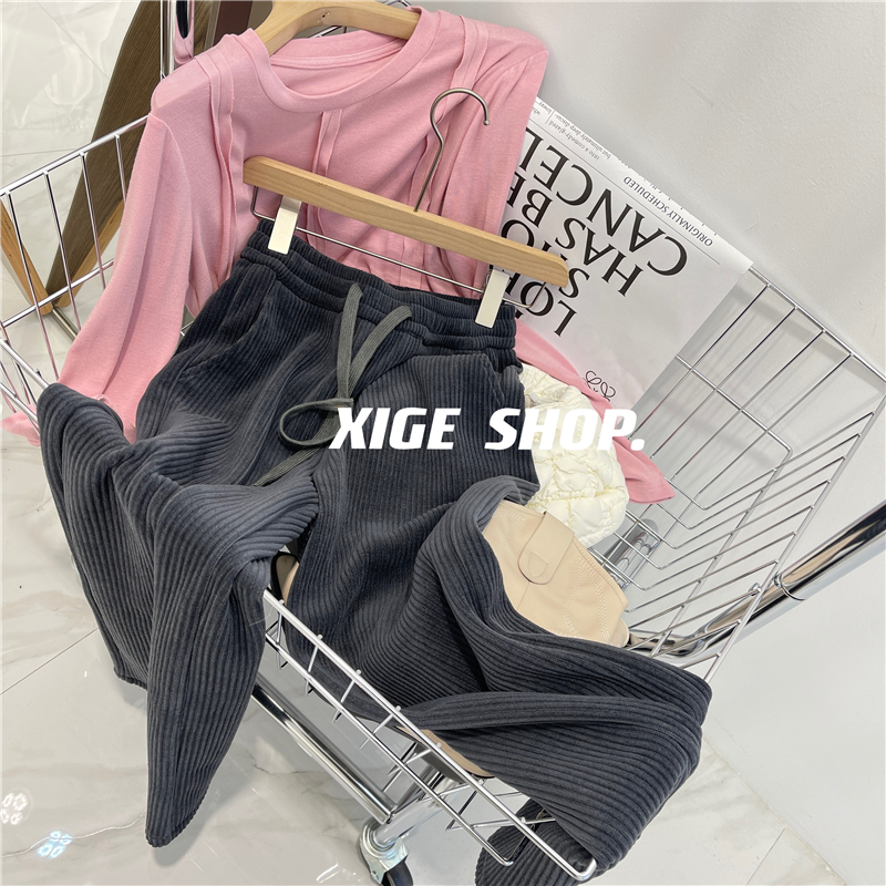 Korea net price/compound milk/compound beibei velvet straight-leg pants women's spring and autumn pit strip corduroy wide-leg pants