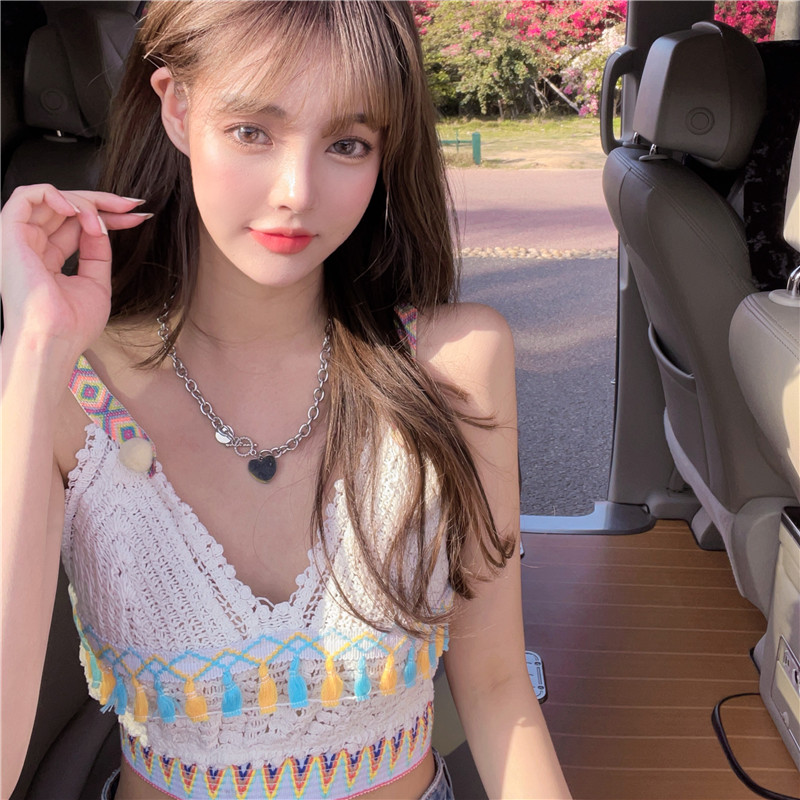 Sexy navel exposed knitting vest Hong Kong style large V-neck tassel versatile suspender top