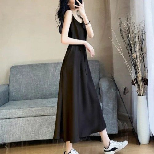 Black chiffon suspender dress women's spring and summer mid length air show thin inside with base skirt outside