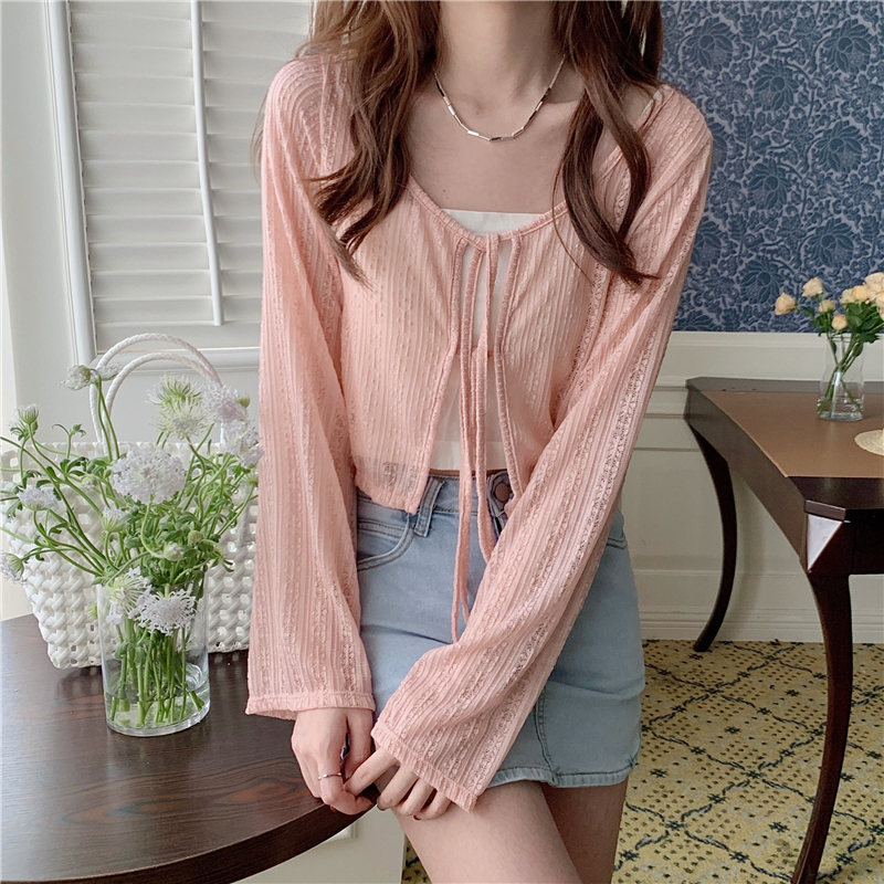 Real price real price summer bow tie tie V-Neck long sleeve sunscreen clothes thin air conditioning Shirt Jacket Women