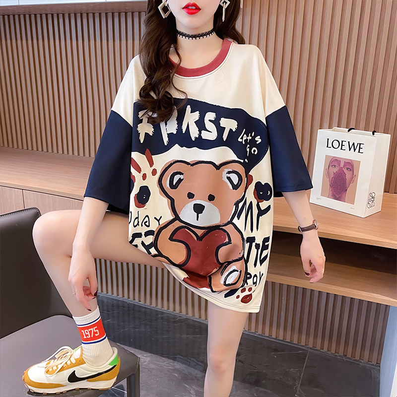 Real shot summer Korean version of loose print bear color matching large size women's clothing mid-length short-sleeved top T-shirt women