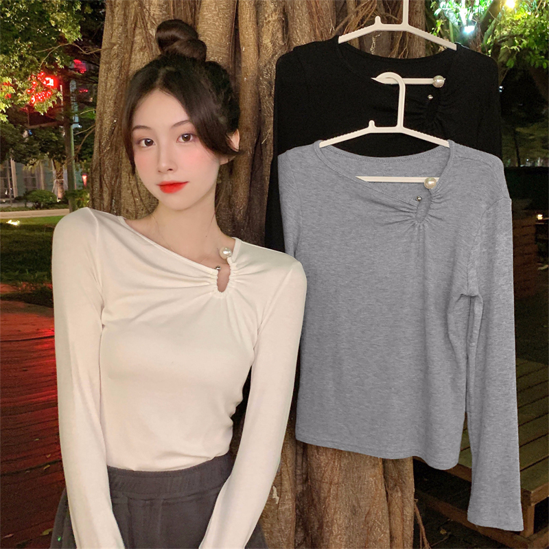 Real Shot-Double-sided German Velvet 2023 Korean Version Versatile Fashion Warm Brushed Long-sleeved T-Shirt Ladies Bottom Shirt