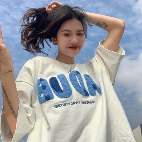 Towel embroidered American retro cartoon embroidered short sleeved T-shirt women's top