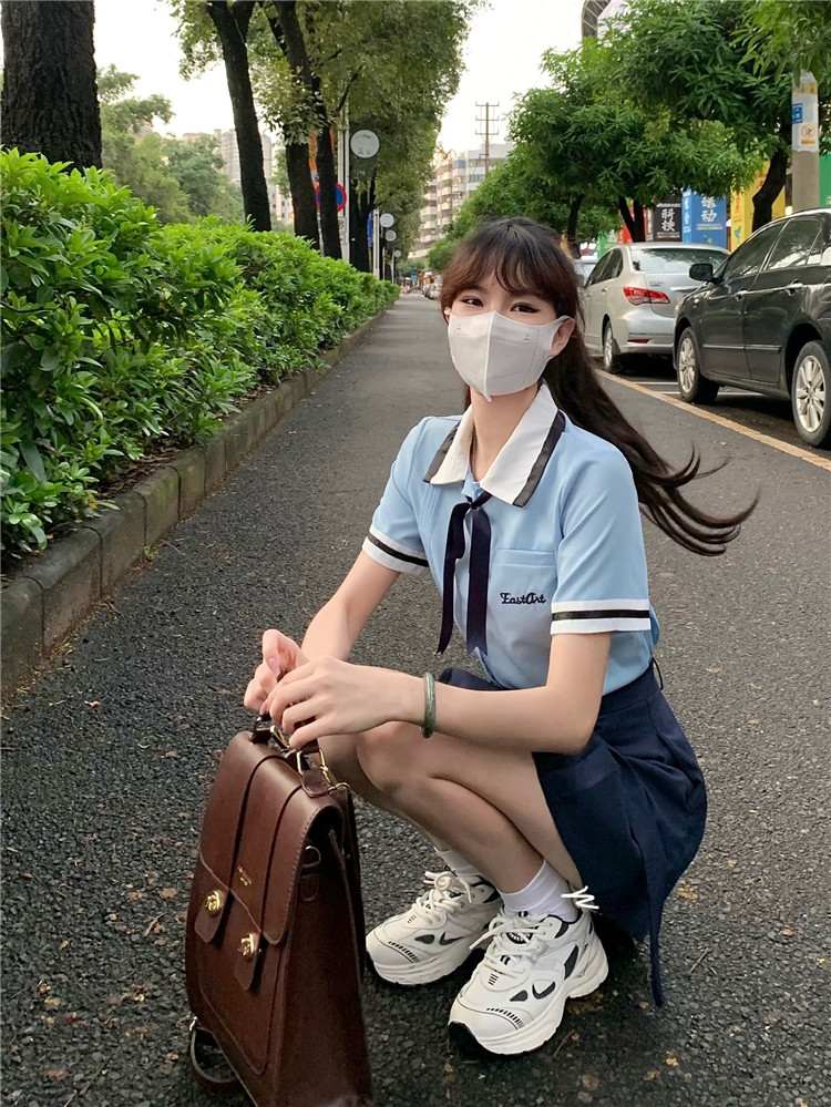 Real set women's College style Thai school uniform short sleeve shirt skirt two piece set