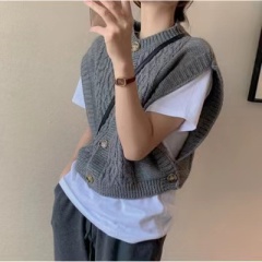 Korean Autumn Solid Color Wool Round Neck Commuting Outerwear Button Thick Needle Smooth and Comfortable Sleeveless Korean Style Vest for Women