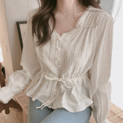 Autumn 2020 new V-neck shirt women's Retro Hong Kong Style versatile design sense minority long sleeve waist top