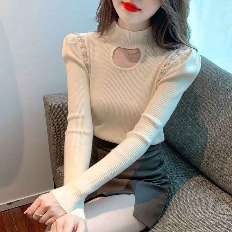 Real shot!  2022 new Korean version of the hollow feature pearl solid color slim bottoming knitted sweater top