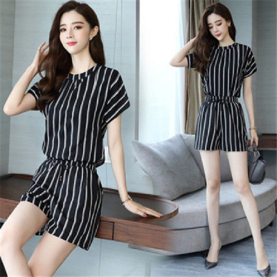 Stripe large fashion slim short sleeve short pants fat casual two pieces