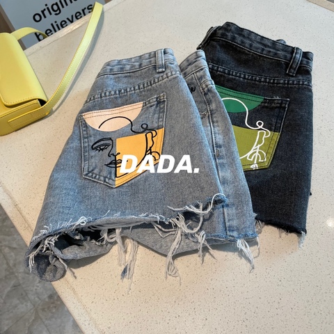 Denim shorts women's summer new high waist contrast color abstract personalized pocket printed portrait embroidered A-line pants