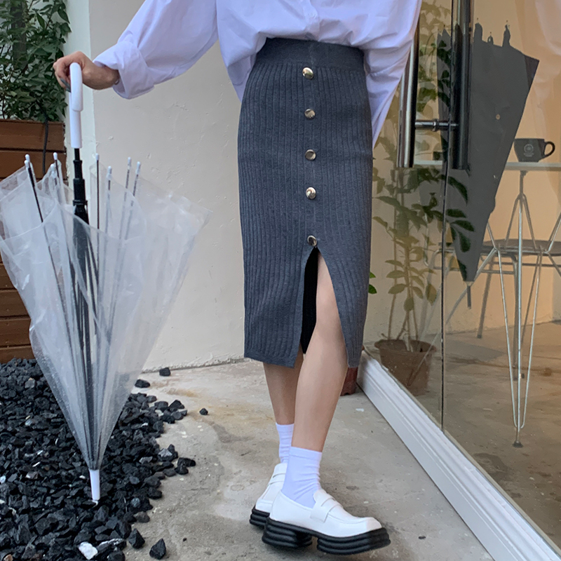 Real time knitted one-step skirt medium long autumn and winter new wrap skirt slim professional skirt single breasted skirt for women