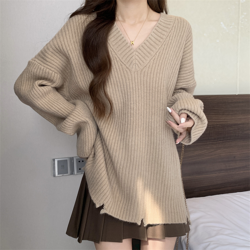 實拍 oversize坑條v領毛衣女秋冬寬鬆加厚慵懶風軟糯針織衫