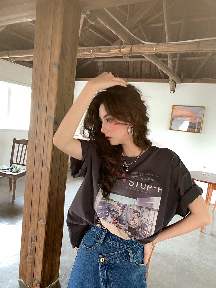 JC Ancient Store Planet Post American Vintage Short Sleeve T-shirt Women's Summer New Cotton Loose T-shirt Top