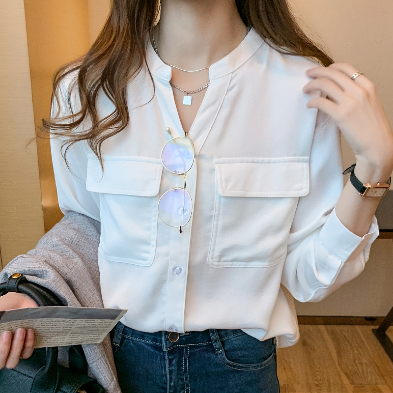 ~Shirting women's autumn 2021 new style foreign style loose design niche V-neck chiffon shirt white top
