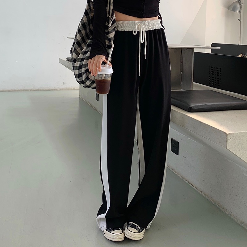 2022 summer new Korean high waist loose black and white vertical feeling straight tube casual floor mopping pants wide leg pants women