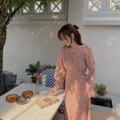 Real shooting Chiffon South Korea autumn and winter gentle broken flower V-neck lace up long sleeve dress women