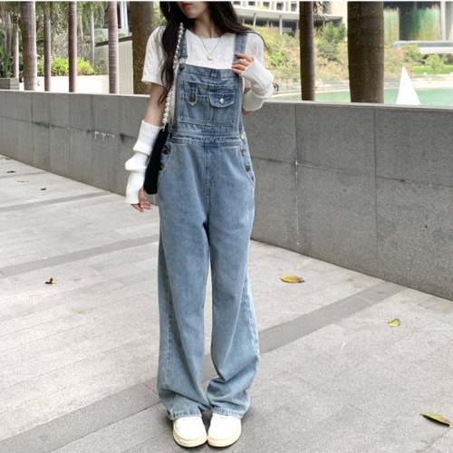 Aging ceiling small skinny denim suspenders women new loose straight one-piece jeans in summer women