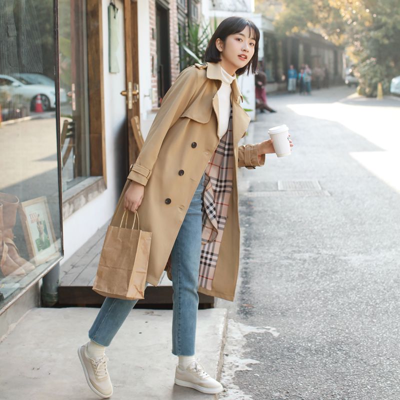 2021 new small windbreaker coat women's middle and long loose over knee fashion British coat spring, autumn and winter