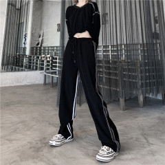 Official stripe casual pants women's sports pants Korean design straight pants loose High Waist Wide Leg Pants