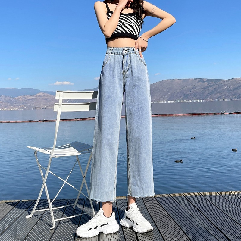Real shot 2022 spring and summer light blue high waist pendant double button Korean version slim and superb soft Wide Leg Jeans