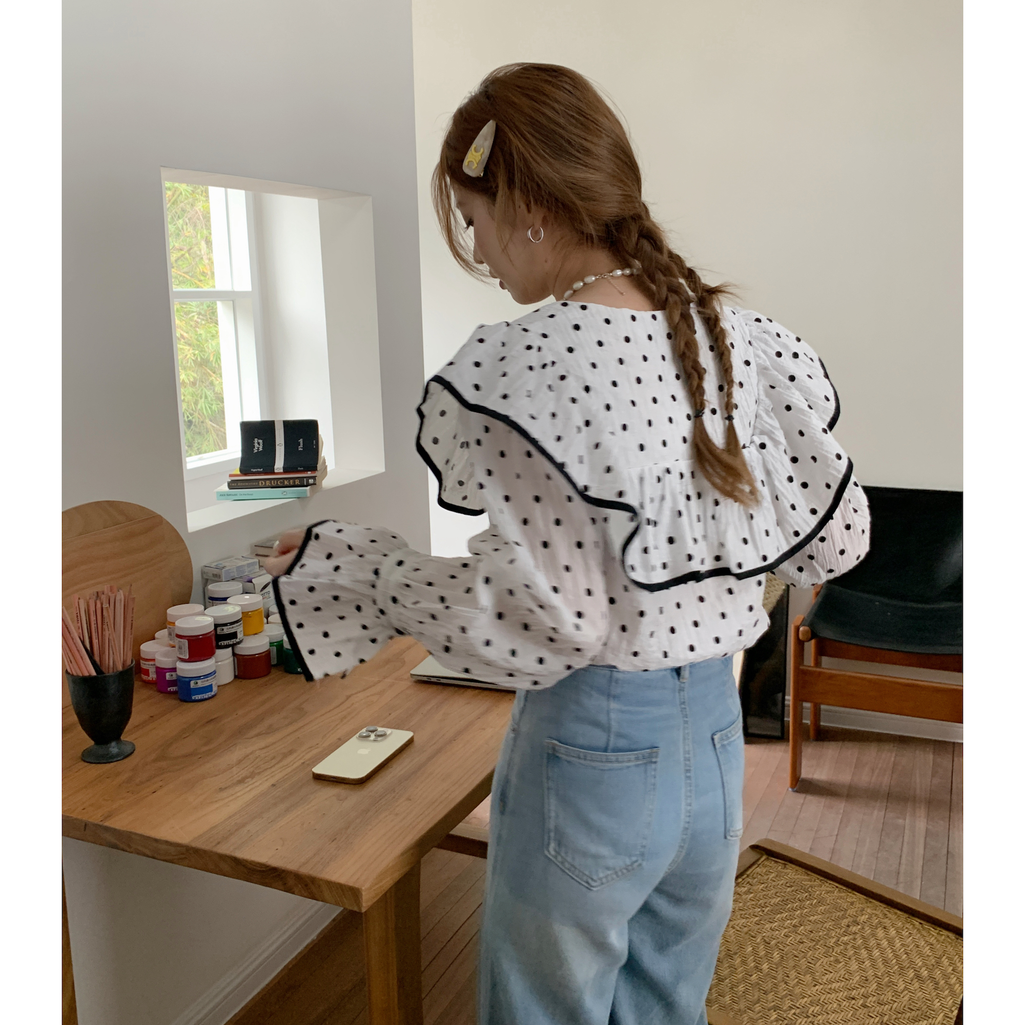 Real shots of Western-style texture fabrics, classic and playful polka-dot printing.  bell sleeve shirt