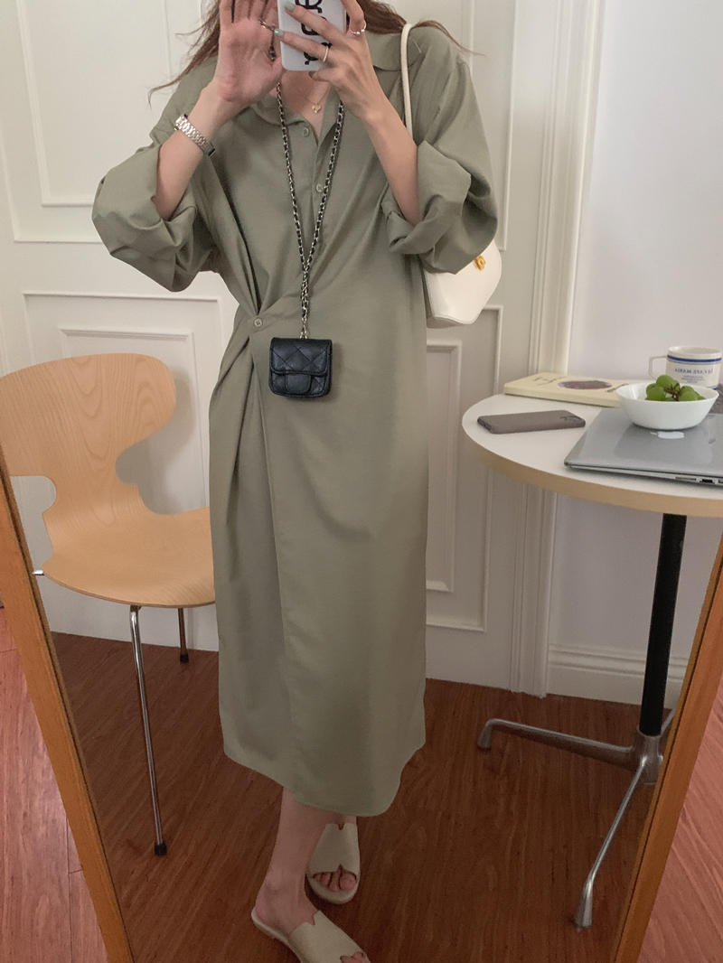 Real price French elegant irregular design side buckle waist dress Ops