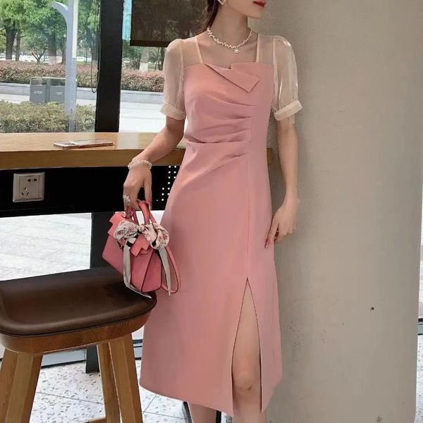 Tea skirt French light mature style short sleeve dress pleated high waist pink skirt female 2021 new hip skirt female