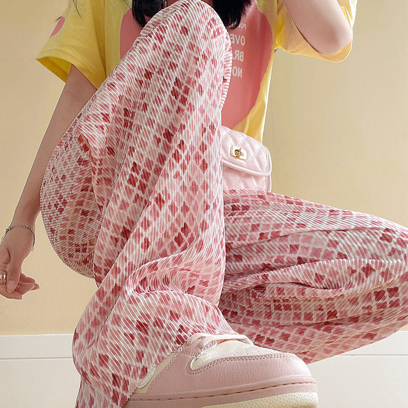 Pleated tie-dye floral wide-leg pants summer thin casual ice silk cool women's straight-leg pants loose mopping pants