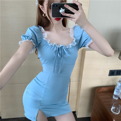 Real photo French Blue Lace Square Neck Lace Up Dress real price