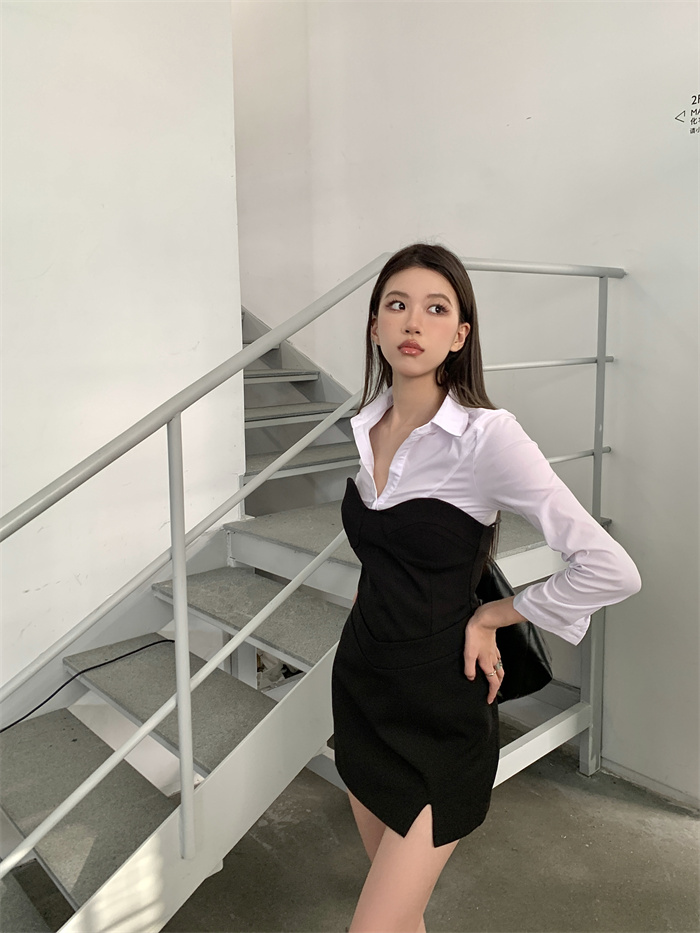 Real price Korean version of Hong Kong style slim two-piece shirt top + tube top dress