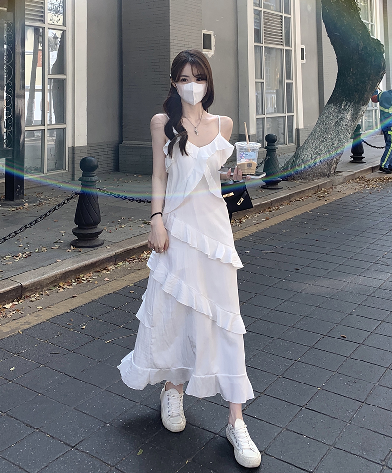 Real shot real price Korean version chic ruffled v-neck suspender dress women's mid-length bottoming skirt
