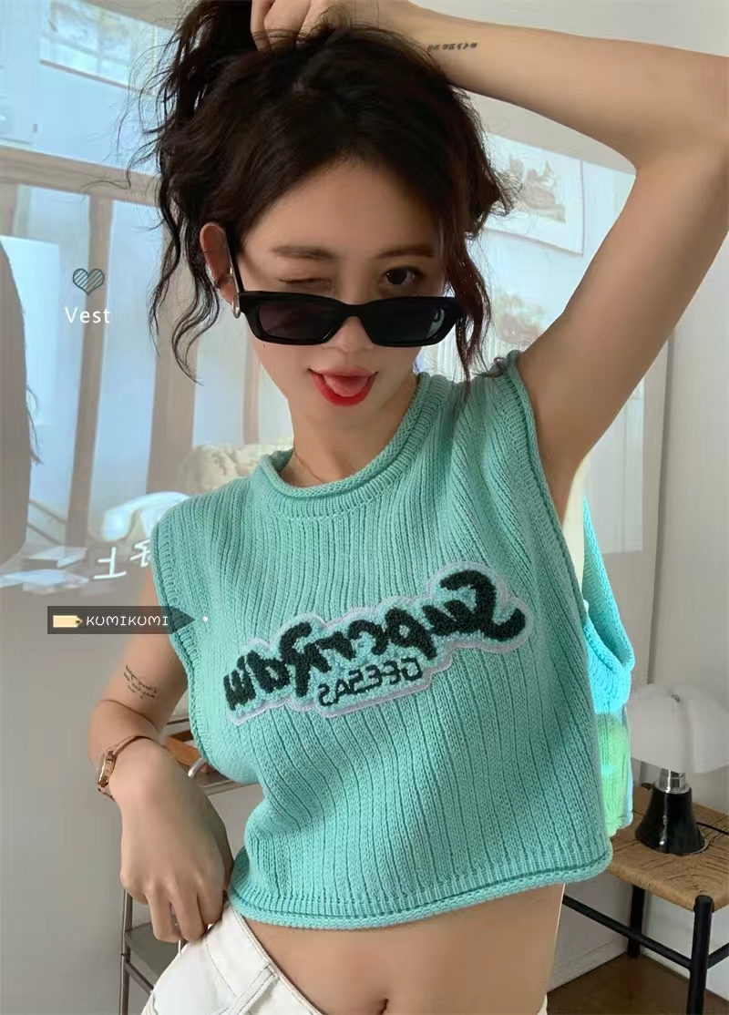 0If illusoryfilli online American retro aqua blue towel embroidered loose slim versatile vest