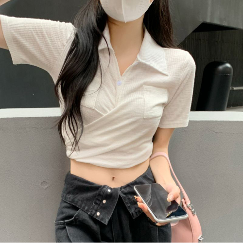 Official image High Elastic Rib 90% Polyester 10% Spandex Summer Fake Two Piece Clavicle T-Shirt Short Sleeves