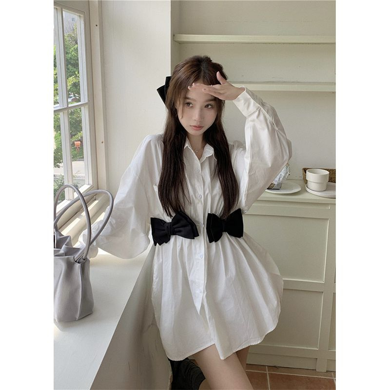 Bowknot white shirt women's clothing design sense niche spring 2023 new French waist slimming long-sleeved top