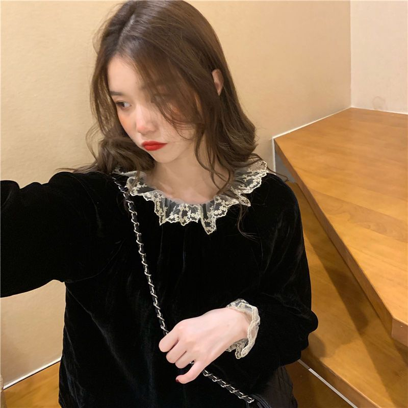 Velvet puff sleeves lace stitching long-sleeved T-shirt 2022 autumn and winter new Korean women's tops bottoming shirt