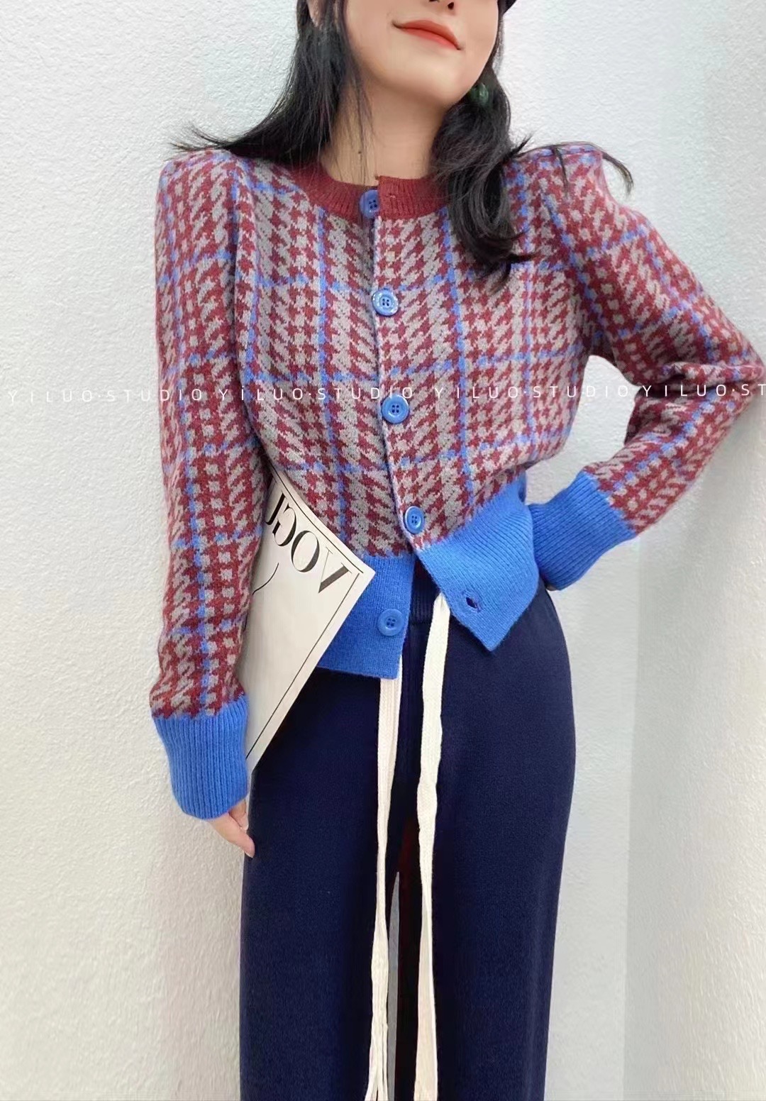 Contrast color thousand bird check knitted cardigan sweater female autumn and winter lazy wind retro thickened versatile Long Sleeve Jacket
